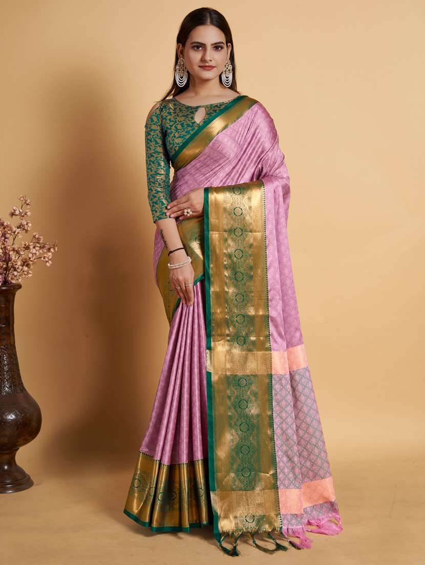 women pink & green dharmavaram saree with blouse - 20732996 -  Zoom Image - 0