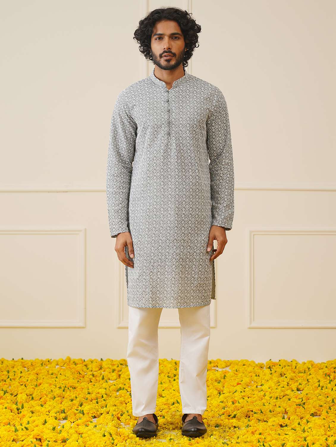 men mandarin neck kurta churidar ethnic wear set