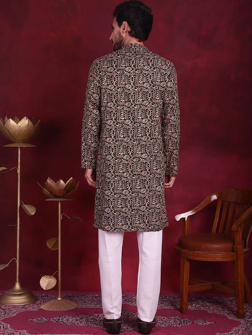 men printed mandarin neck kurta pyjama set - 20733159 -  Standard Image - 3