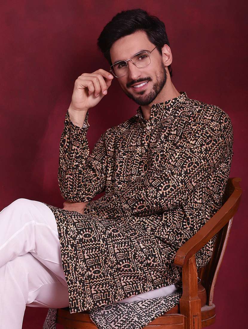 men printed mandarin neck kurta pyjama set - 20733159 -  Standard Image - 5