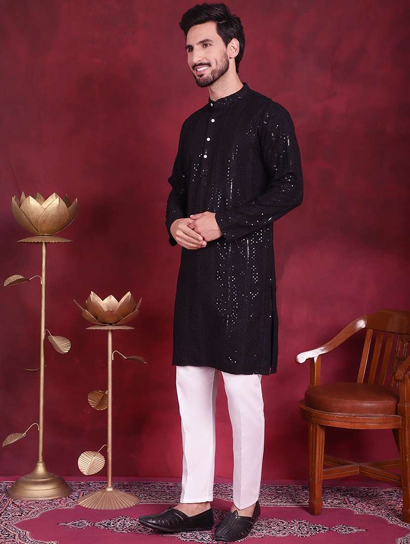 men solid with work mandarin neck kurta pyjama set - 20733163 -  Standard Image - 3