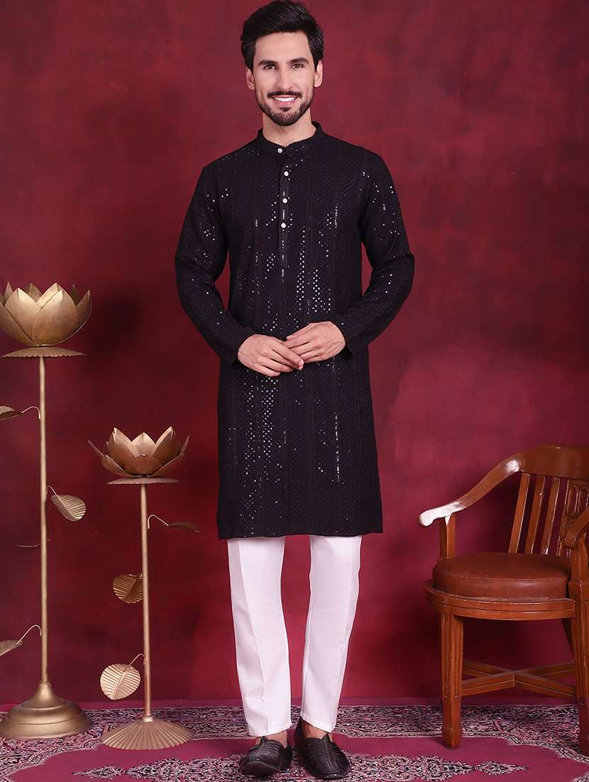 men solid with work mandarin neck kurta pyjama set - 20733163 -  Standard Image - 5