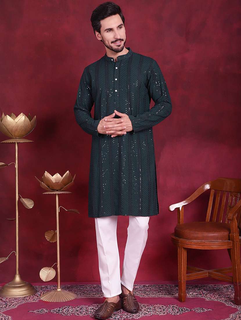 men solid with work mandarin neck kurta pyjama set
