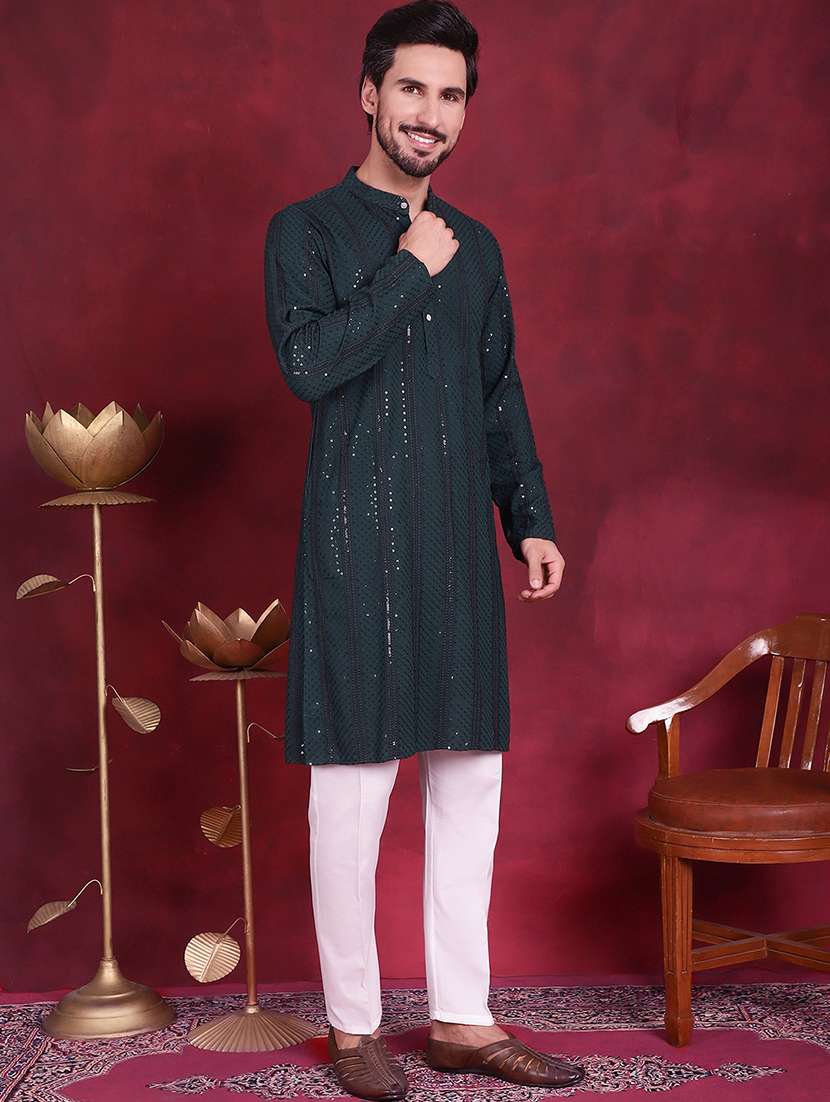 men solid with work mandarin neck kurta pyjama set - 20733165 -  Standard Image - 3