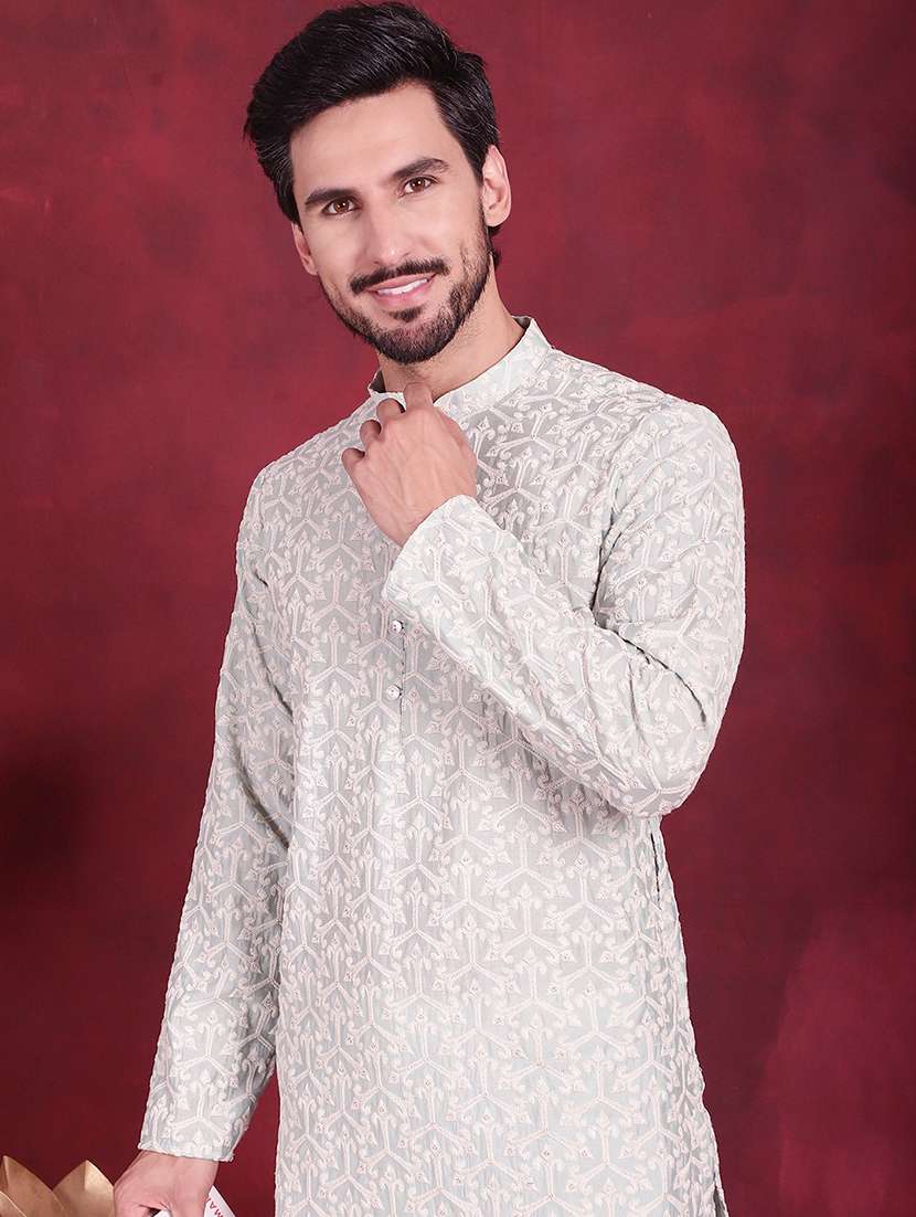 men solid with work mandarin neck kurta pyjama set - 20733195 -  Standard Image - 5