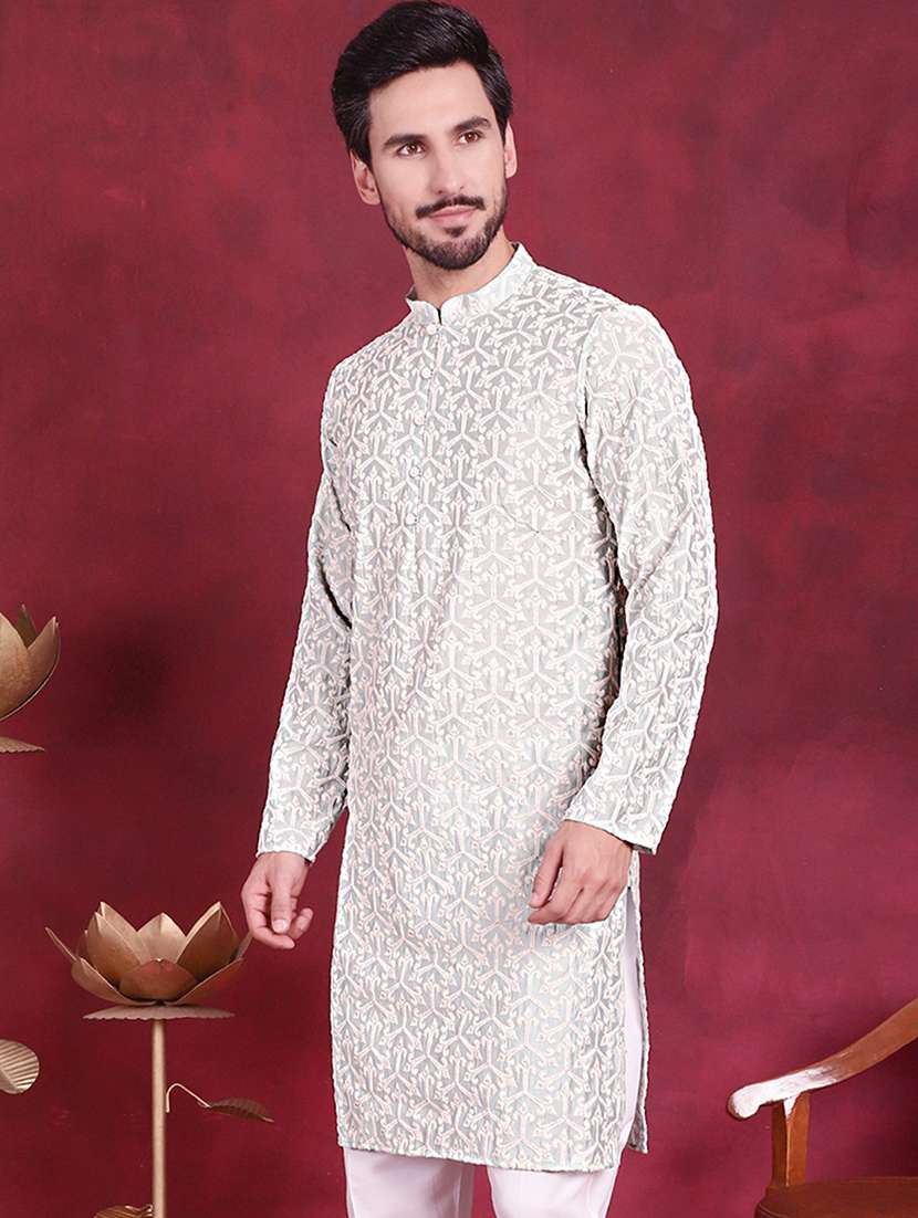 men embroidered mandarin neck long kurta - 20733201 -  Standard Image - 3