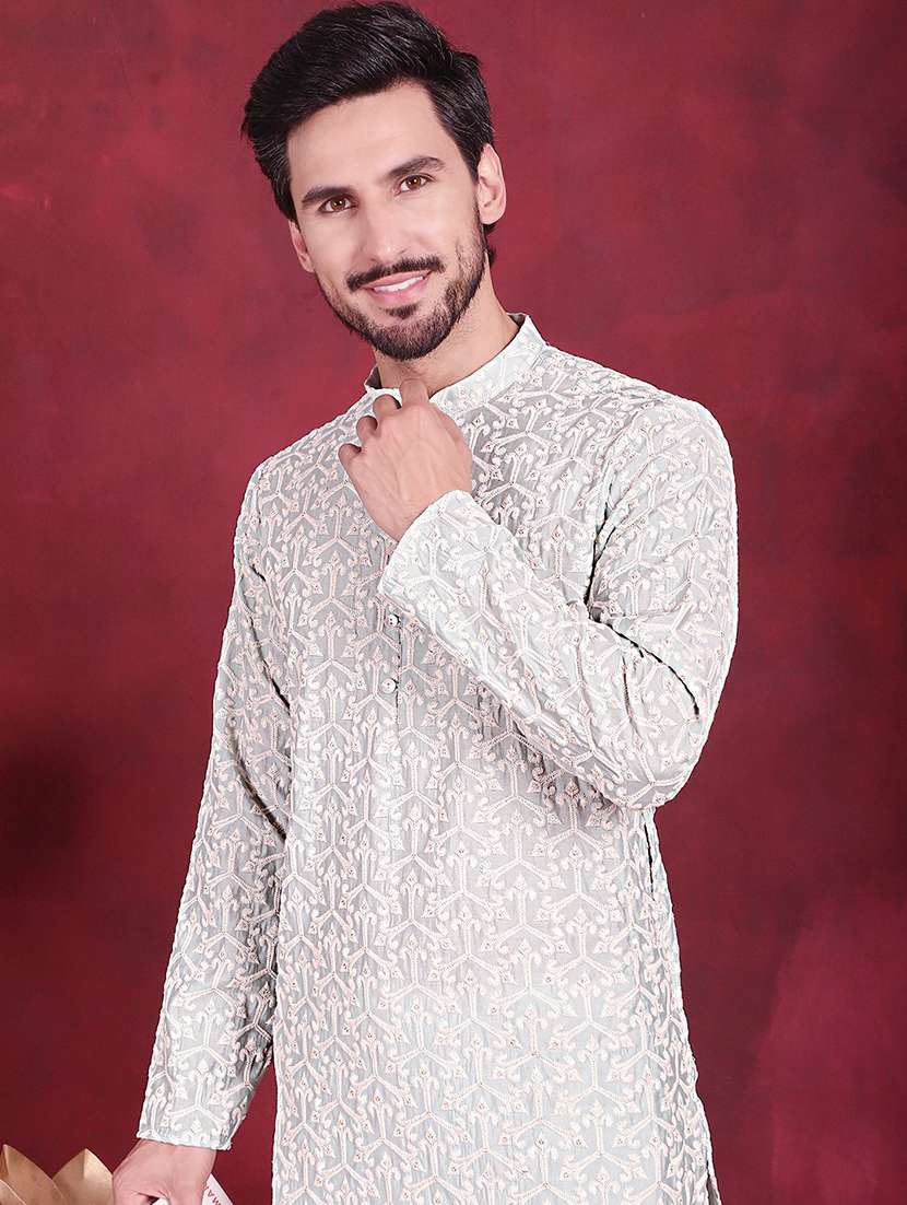 men embroidered mandarin neck long kurta - 20733201 -  Standard Image - 5