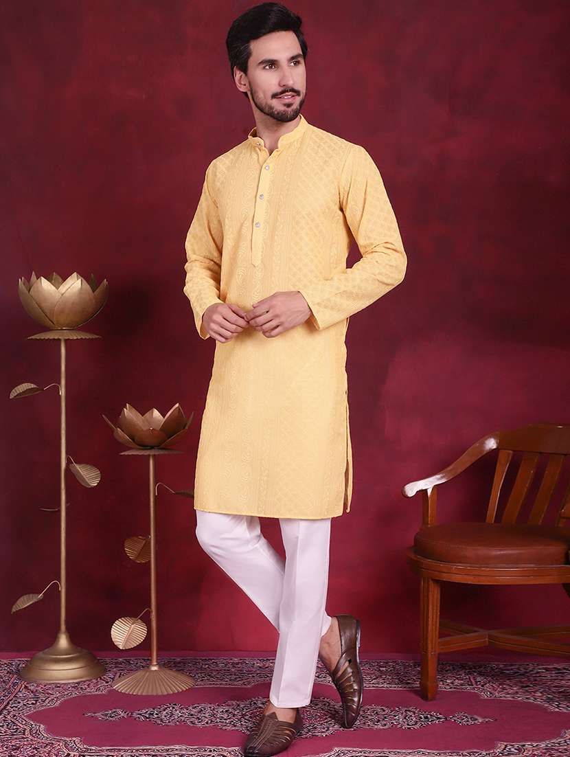 men solid with work mandarin neck kurta pyjama set - 20733203 -  Standard Image - 3