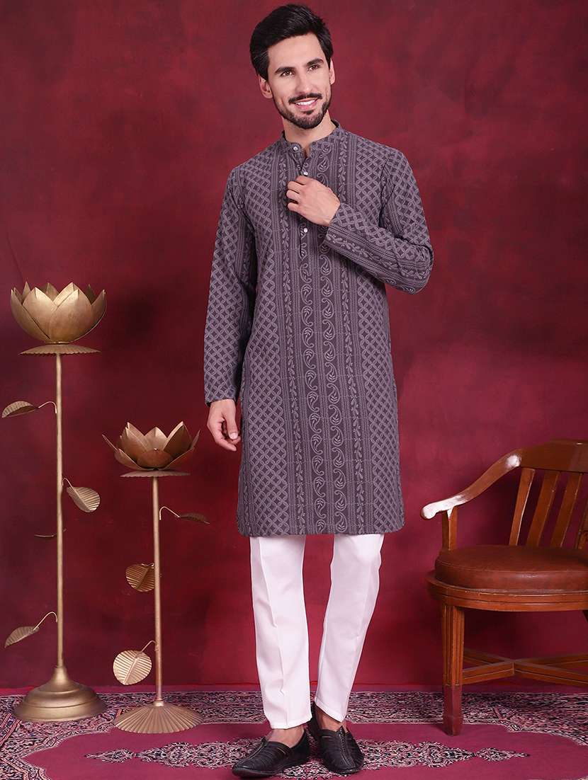 men embroidered mandarin neck long kurta