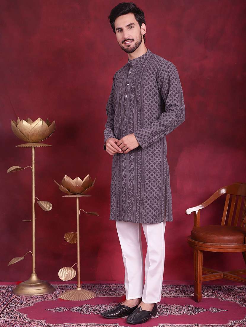 men embroidered mandarin neck long kurta - 20733205 -  Standard Image - 3