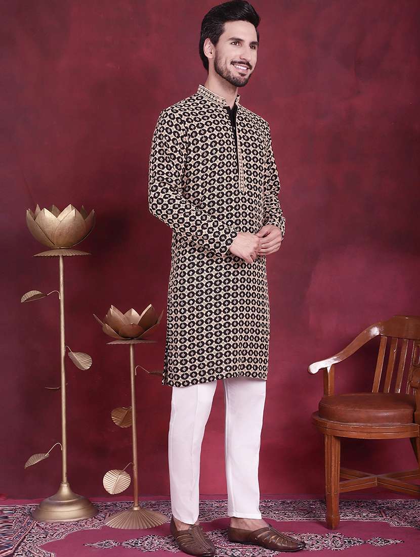 men embroidered mandarin neck long kurta - 20733209 - Standard Image - 3
