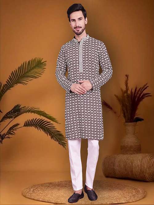 men embroidered mandarin neck long kurta - 20733211 - Standard Image - 0