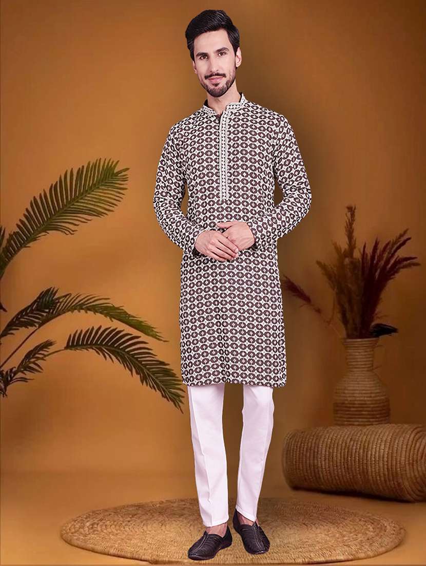 men embroidered mandarin neck long kurta - 20733211 - Zoom Image - 0