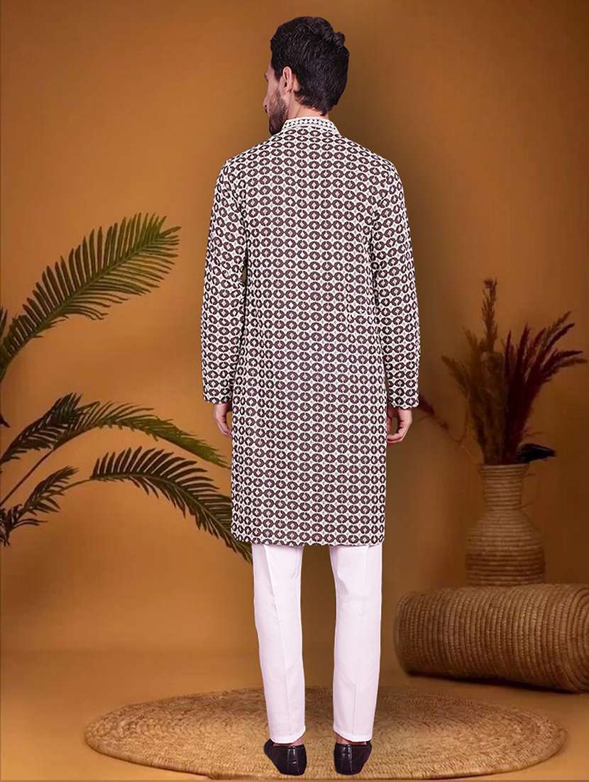men embroidered mandarin neck long kurta - 20733211 - Standard Image - 3