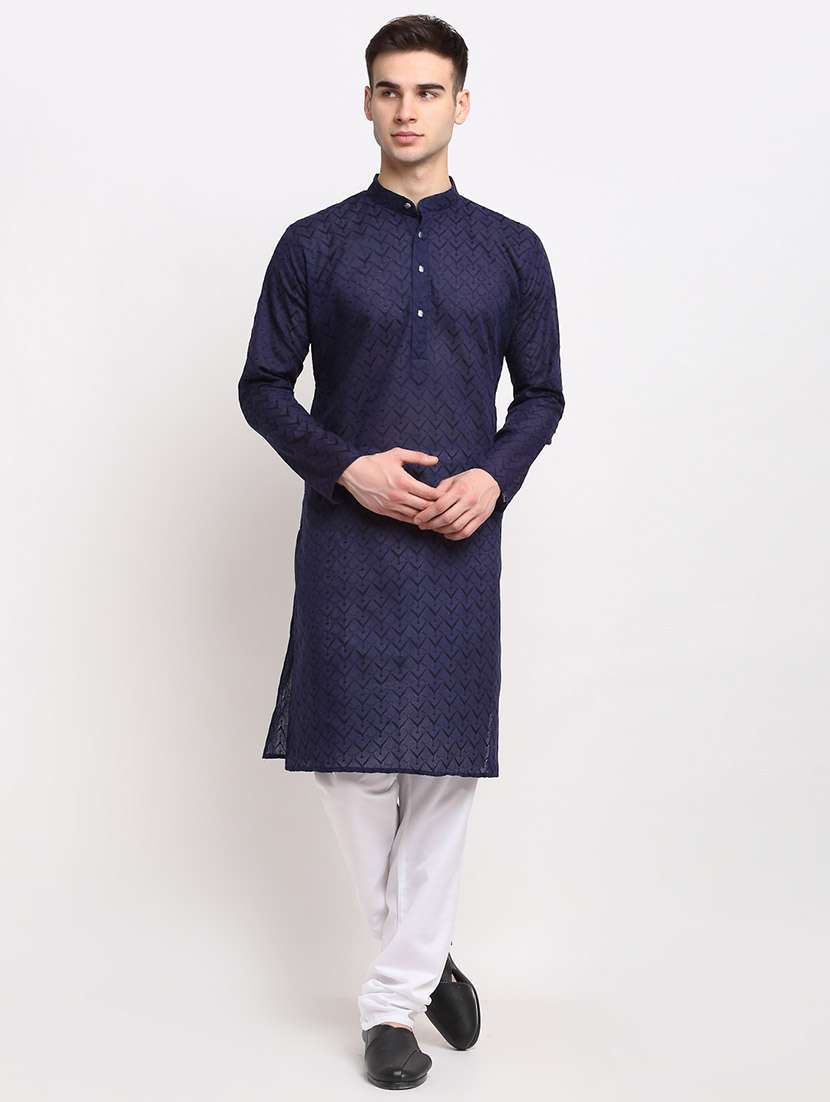 men solid with work mandarin neck kurta pyjama set