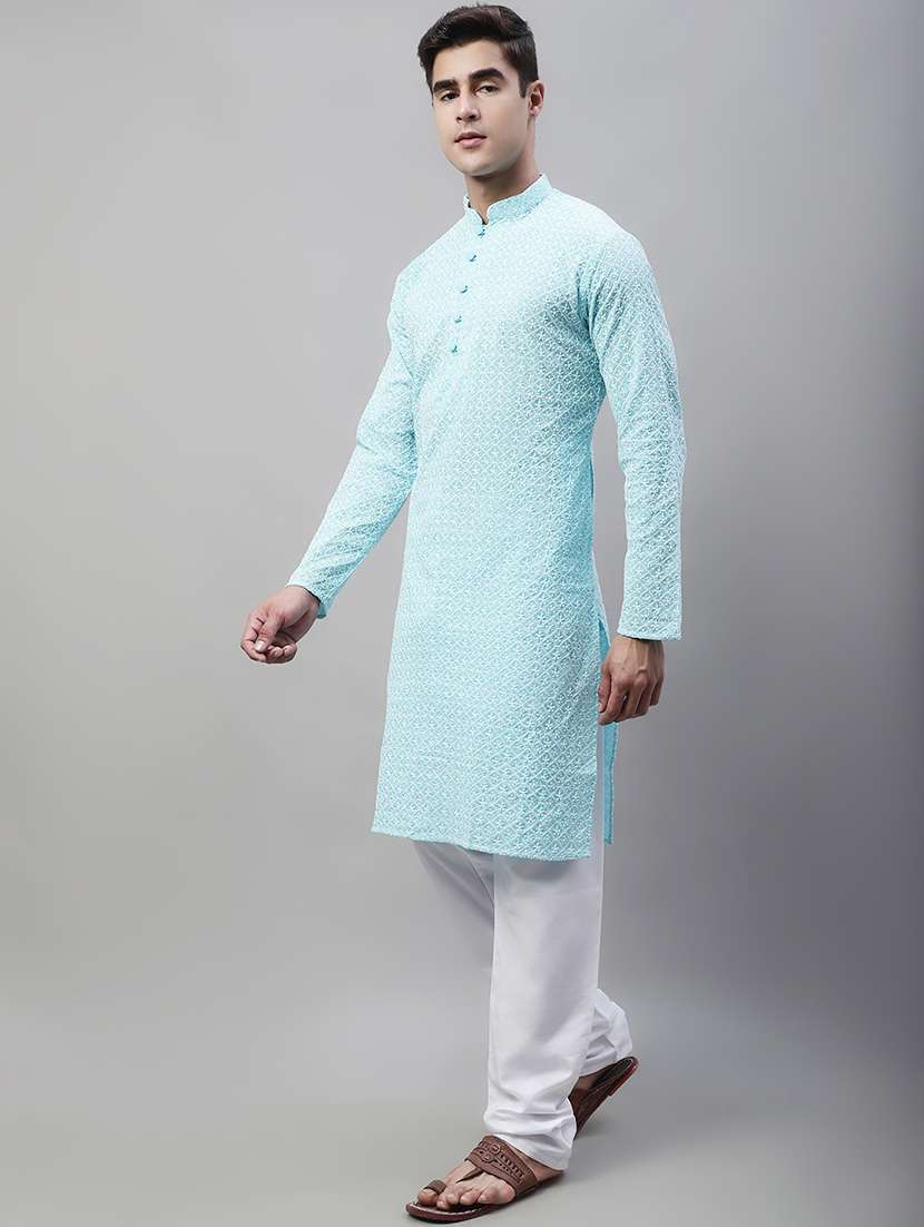 men embroidered mandarin neck long kurta - 20733233 - Standard Image - 3