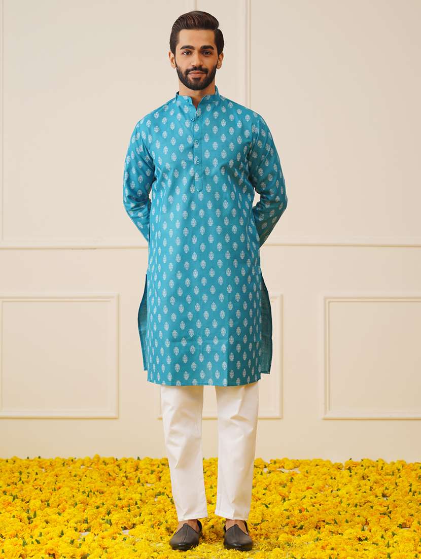 men printed mandarin neck long kurta