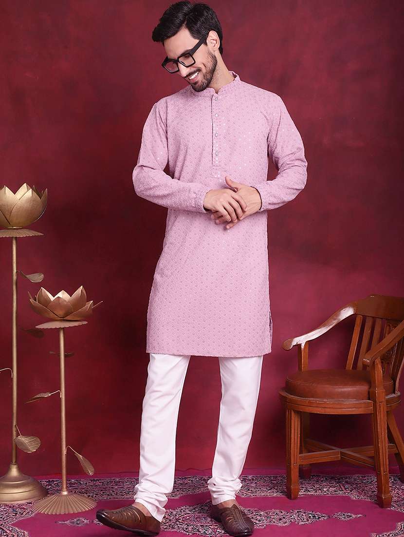 men solid with work mandarin neck kurta churidar set
