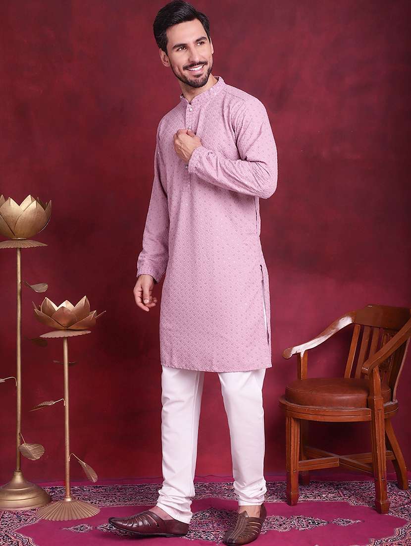 men solid with work mandarin neck kurta churidar set - 20733244 -  Standard Image - 3