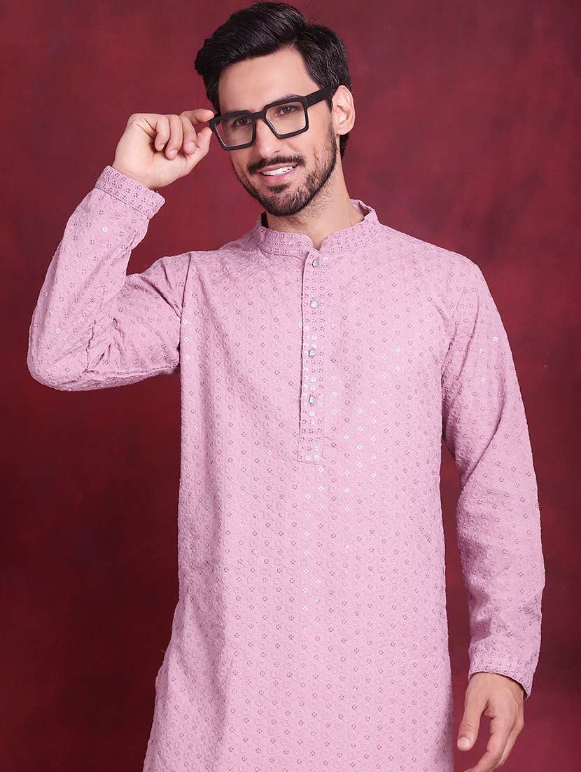 men solid with work mandarin neck kurta churidar set - 20733244 -  Standard Image - 5