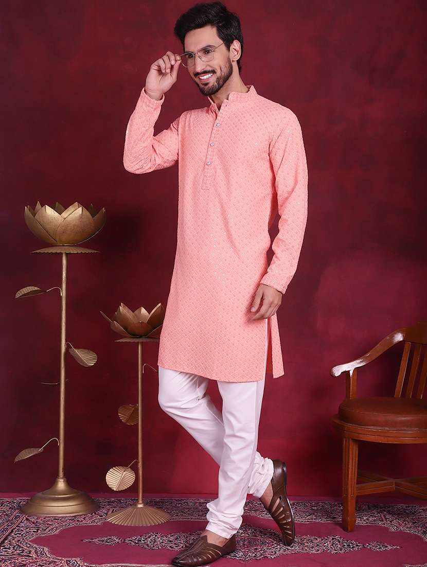 men embroidered mandarin neck long kurta