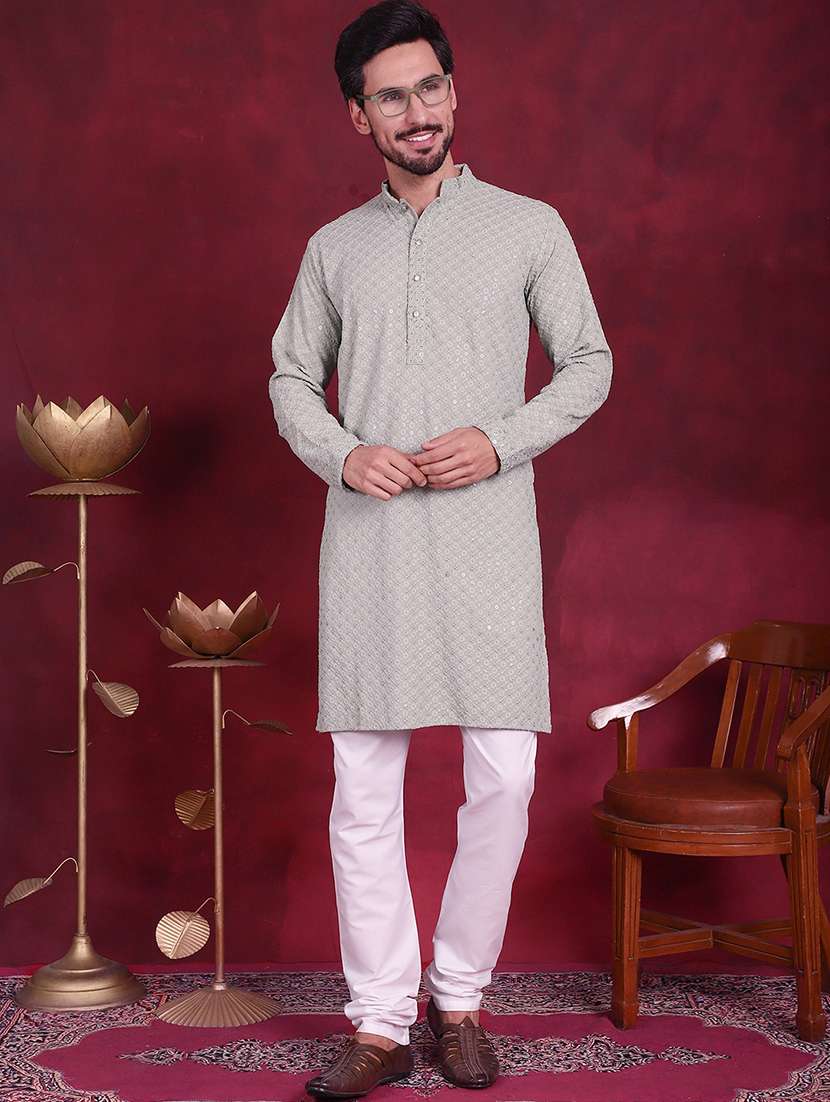 men embroidered mandarin neck long kurta