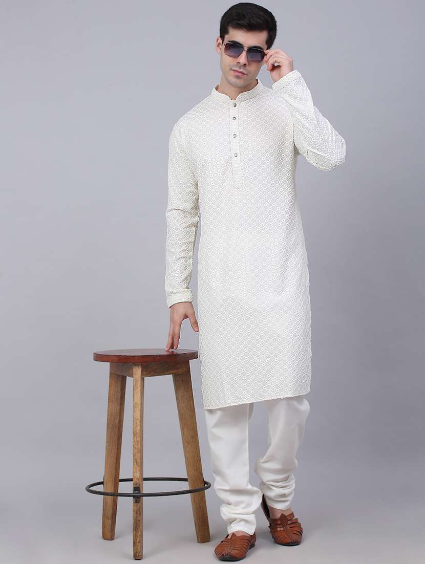 men embroidered mandarin neck long kurta