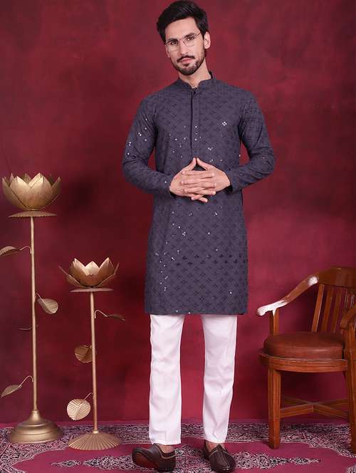 men solid with work mandarin neck long kurta - 20733251 - Standard Image - 0