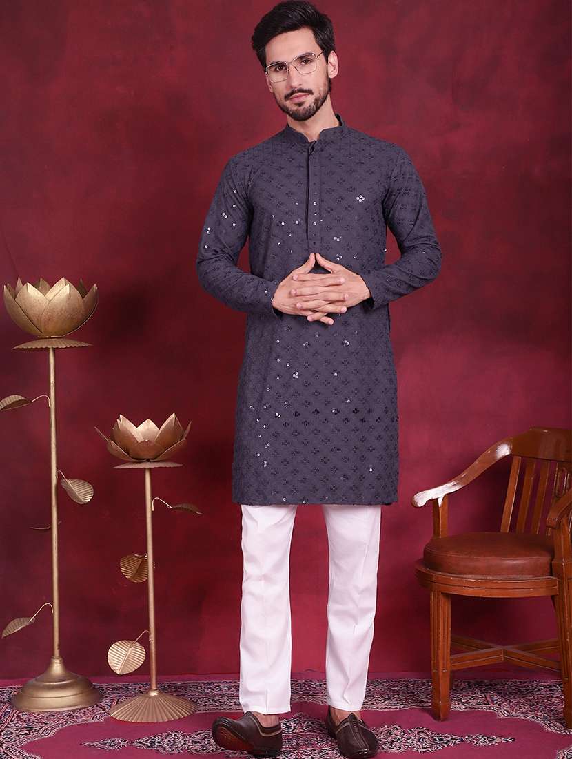 men solid with work mandarin neck long kurta - 20733251 - Zoom Image - 0
