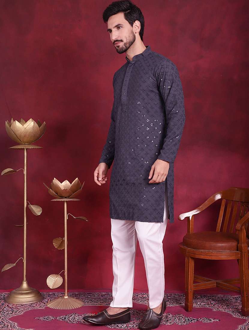 men solid with work mandarin neck long kurta - 20733251 - Standard Image - 3