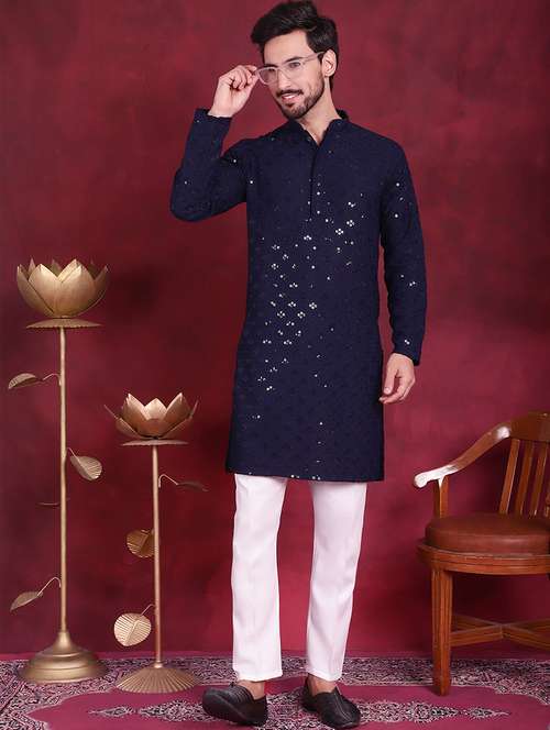 men solid with work mandarin neck long kurta - 20733252 -  Standard Image - 0