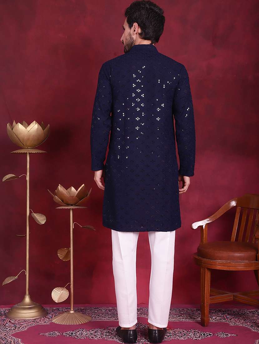 men solid with work mandarin neck long kurta - 20733252 -  Standard Image - 3