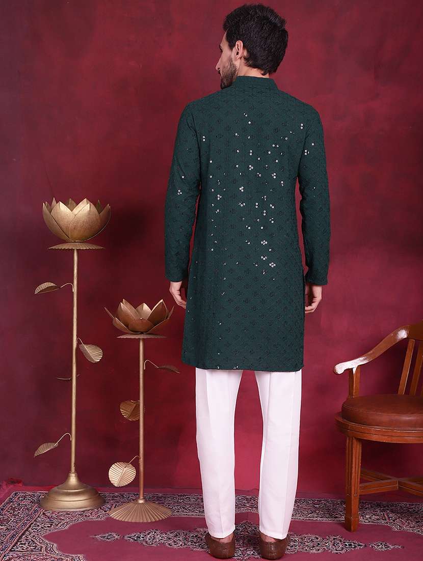 men solid with work mandarin neck long kurta - 20733253 -  Standard Image - 3