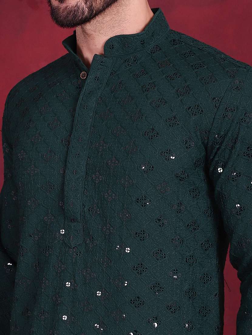 men solid with work mandarin neck long kurta - 20733253 -  Standard Image - 5