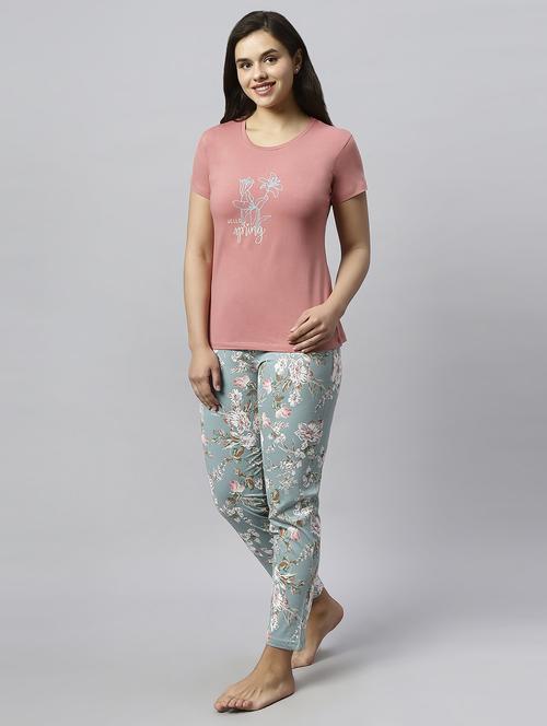 women round neck printed t-shirt & full length pyjama set - 20742807 -  Standard Image - 0
