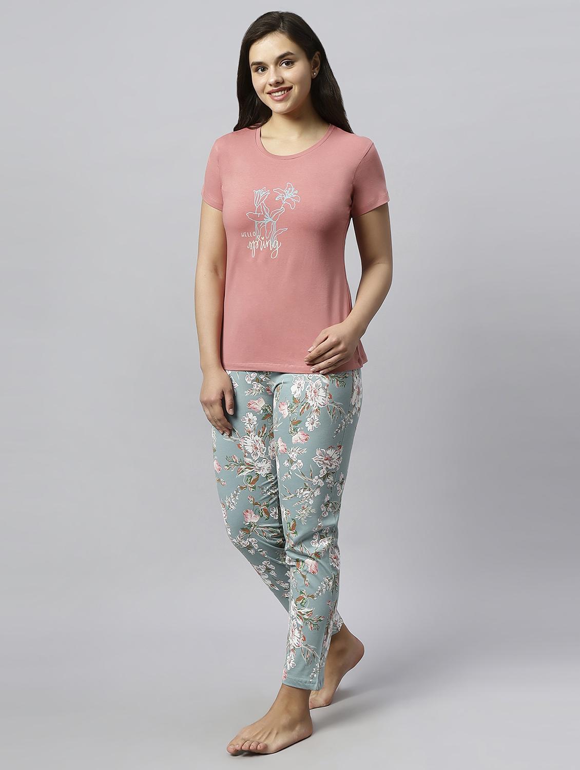 women round neck printed t-shirt & full length pyjama set - 20742807 -  Zoom Image - 0