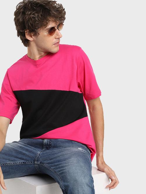 pink & black cotton color block t-shirt - 20749301 -  Standard Image - 0