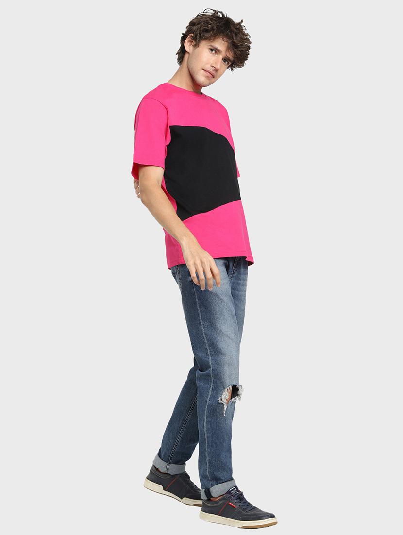 pink & black cotton color block t-shirt - 20749301 - Standard Image - 3