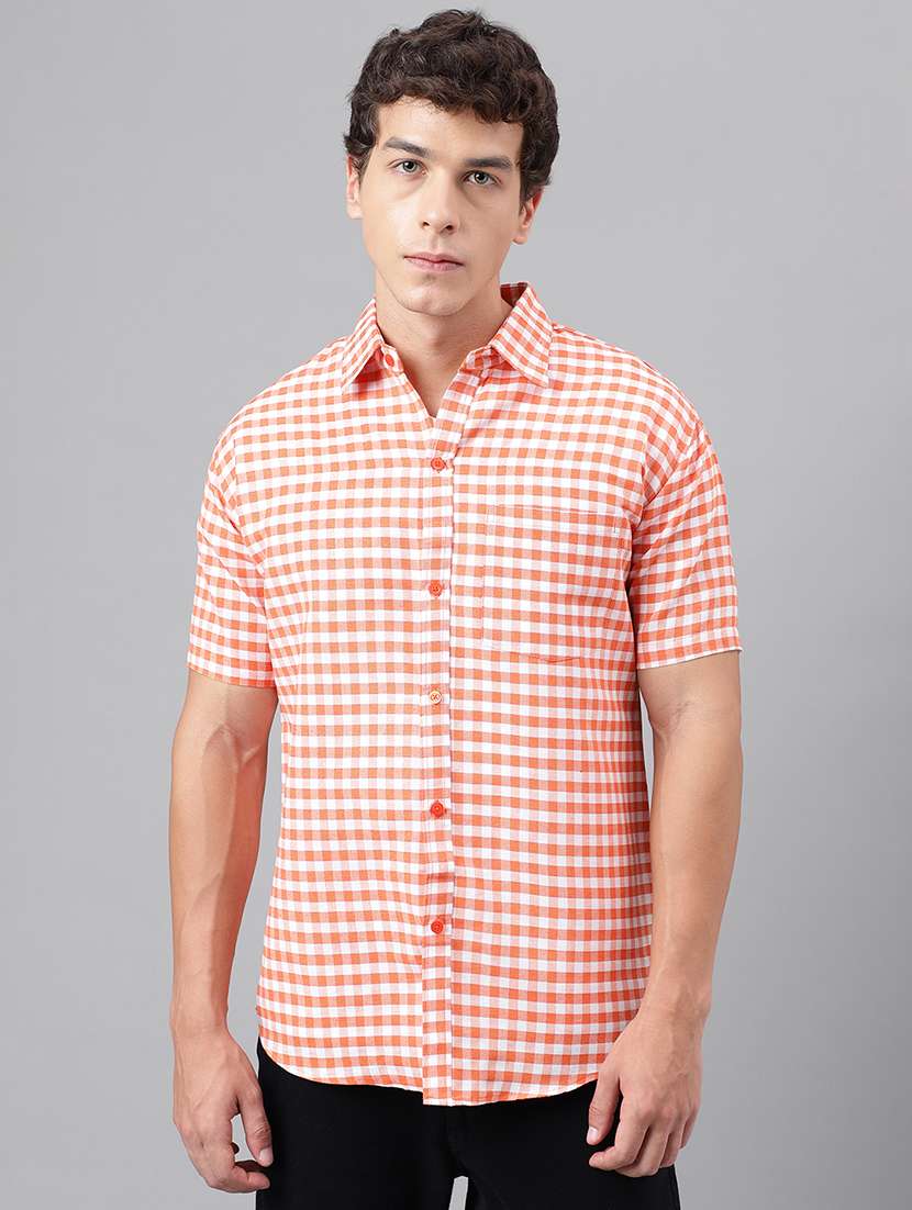 orange cotton blend checks casual shirt - 20754274 -  Zoom Image - 0