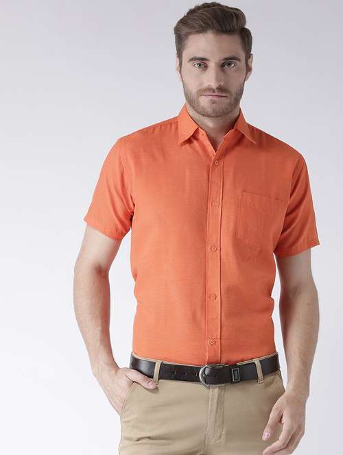 orange cotton blend plain casual shirt - 20754415 - Standard Image - 0