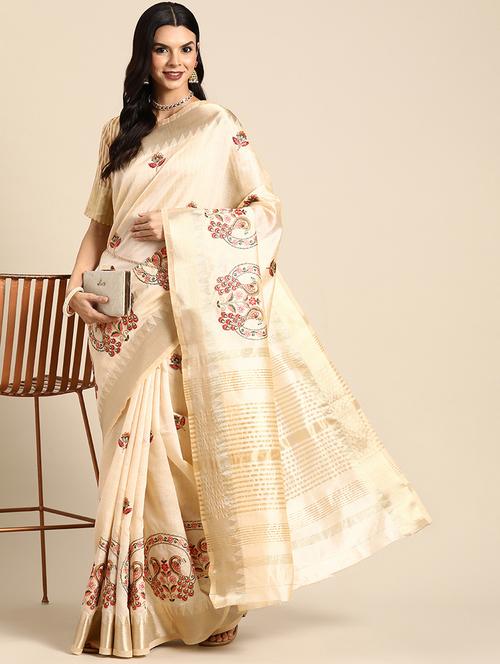 cream embroidered bordered saree with blouse - 20754438 - Standard Image - 0