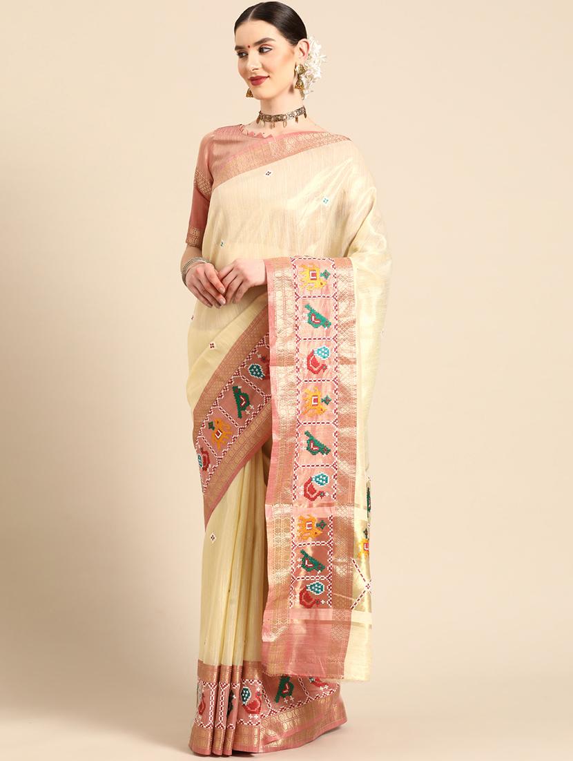 cream solid with work saree - 20754442 - Zoom Image - 0