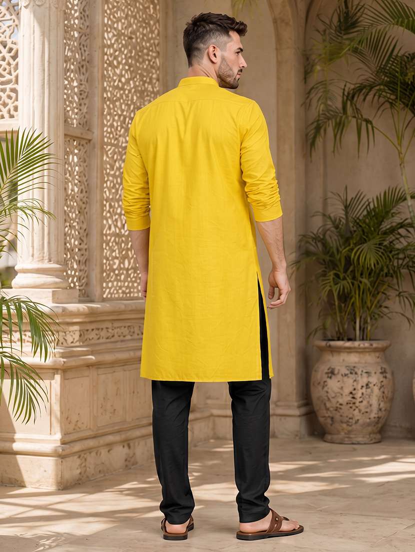 men yellow solid long kurta - 20754600 -  Standard Image - 3