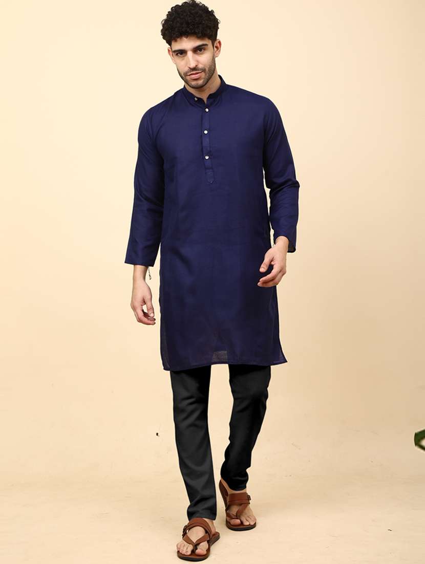 solid navy blue button detailed long kurta