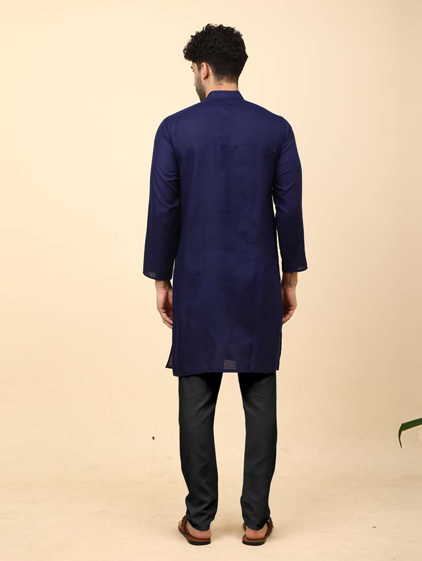 solid navy blue button detailed long kurta - 20754601 -  Standard Image - 3