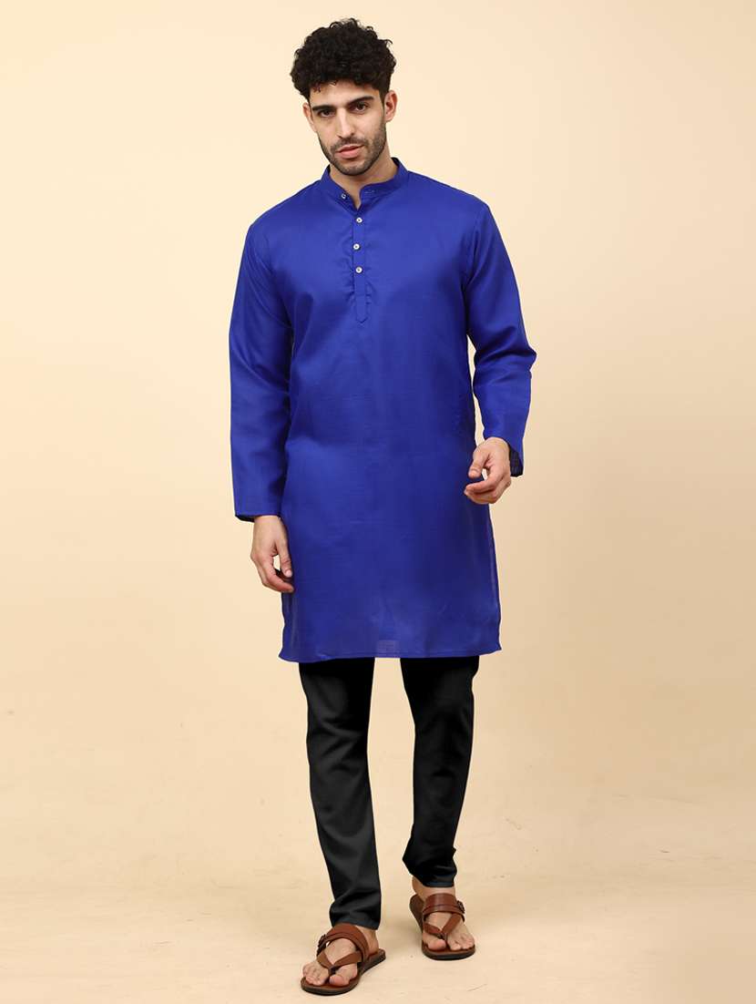 solid blue button detailed long kurta
