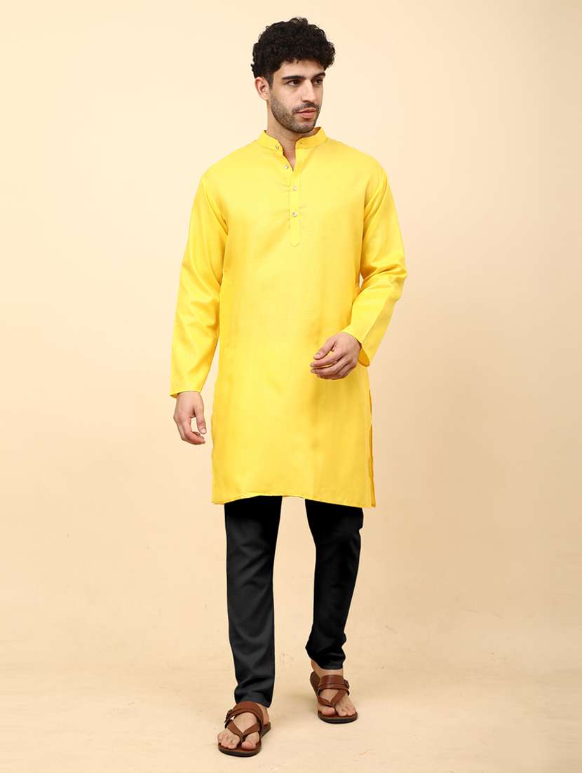 men yellow solid long kurta