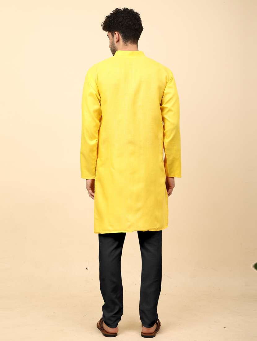men yellow solid long kurta - 20754607 -  Standard Image - 3