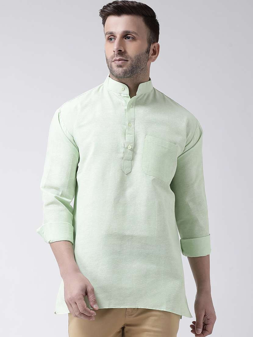 solid green button detailed short kurta
