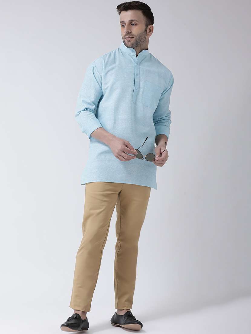 solid light blue button detailed short kurta - 20754670 -  Standard Image - 3